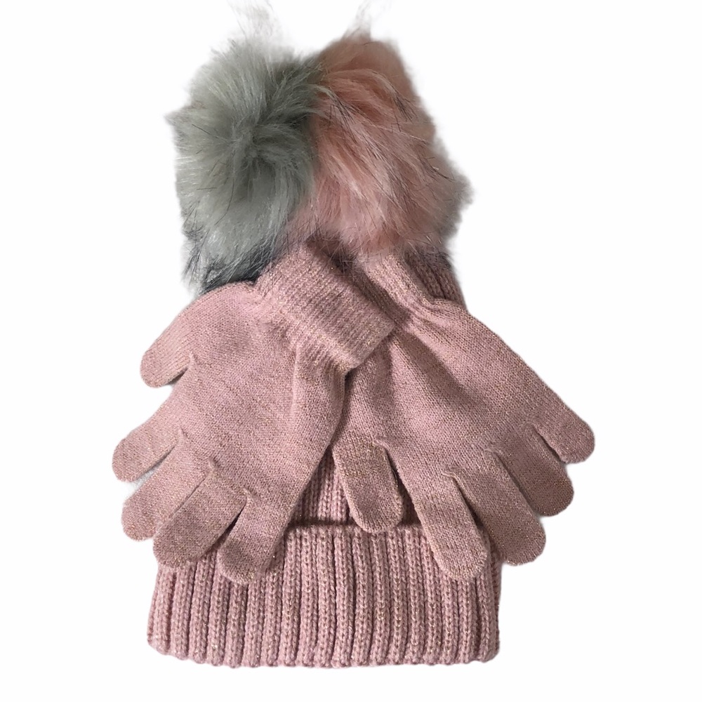 OMG Pink Hat Faux Fur Beanie Gloves Matching Set Pom Pom Sweater Knit Ribbed